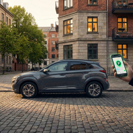 Comment trouver un parking gratuit et éviter les PV Un homme utilise une application de parking sur son smartphone devant un SUV gris garé sur une rue pavée bordée d'immeubles résidentiels. L'app affiche un "P".