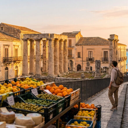 Un homme sur une rue pavée de Syracuse, contemplant la mer. Au premier plan, un marché coloré. Au fond, des ruines antiques.