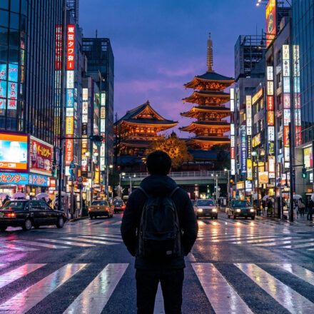 Que faire au Japon : mes lieux et activités incontournables Voyageur sur un passage piéton à Tokyo, Japon, face à une rue urbaine animée par des néons et un temple traditionnel au crépuscule.
