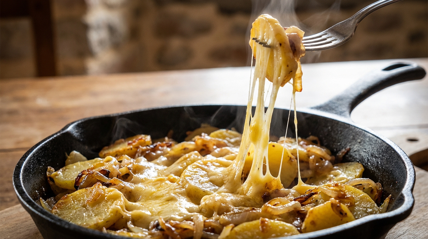 Une fourchette soulève une pomme de terre d'une truffade fumante, montrant le fromage fondu et filant dans une poêle en fonte.