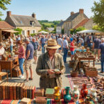 Scène ensoleillée d'un marché aux puces de village. Des gens fouillent les étals remplis de livres, vêtements et bibelots devant des maisons en pierre.