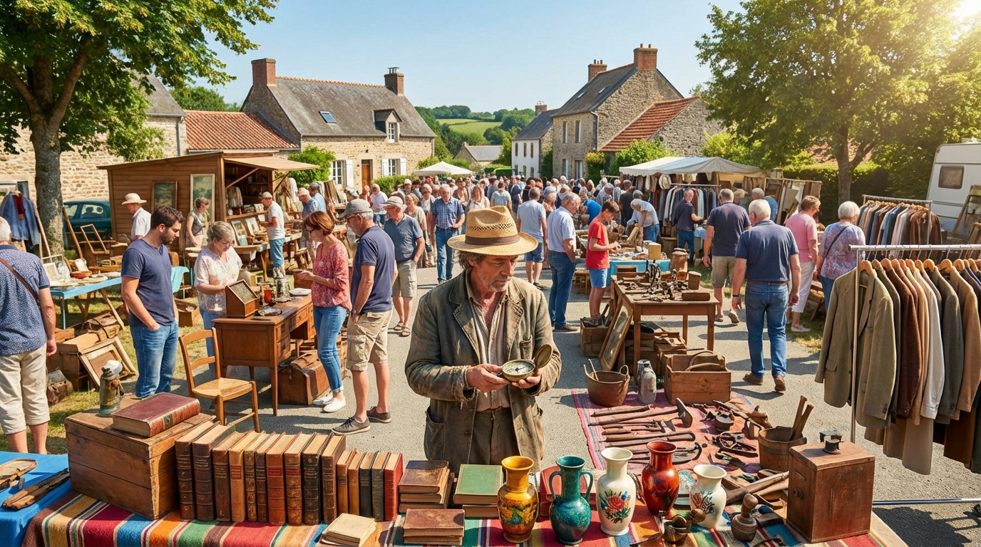 Scène ensoleillée d'un marché aux puces de village. Des gens fouillent les étals remplis de livres, vêtements et bibelots devant des maisons en pierre.