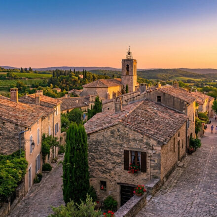 Les secrets pour visiter les plus beaux villages de France Vue aérienne d'un village provençal en pierre avec des toits de tuiles, une église, des ruelles fleuries et des vignobles au loin au crépuscule.