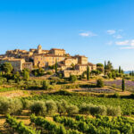 Un village provençal perché, en pierre ocre, avec son clocher, dominant des champs de vignes verts et de lavande violette sous un ciel bleu clair.