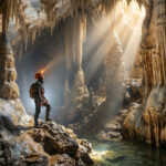 Spéléologue avec lampe frontale dans une vaste grotte rocheuse, admirant stalactites et stalagmites éclairées par la lumière naturelle et un cours d'eau.
