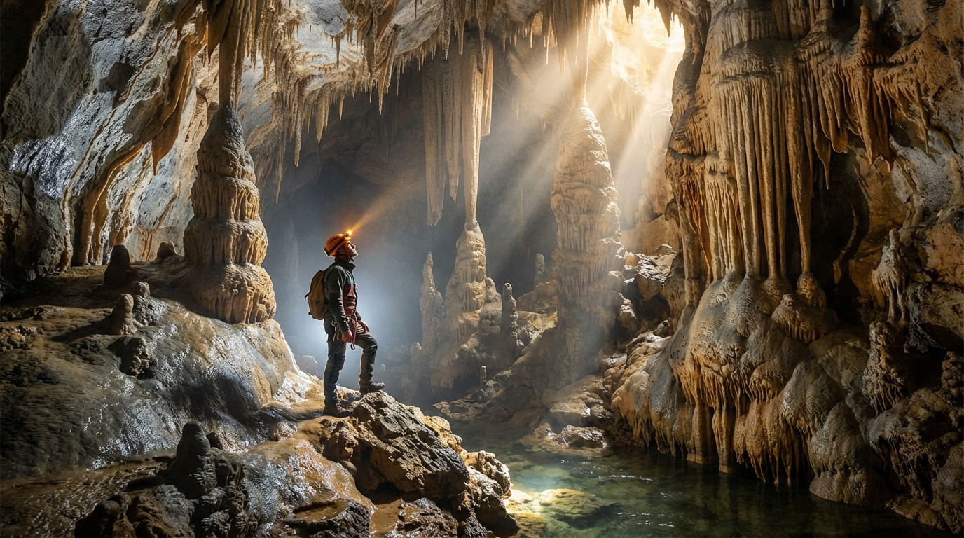 Comment visiter une grotte en Ardèche et laquelle choisir ? Spéléologue avec lampe frontale dans une vaste grotte rocheuse, admirant stalactites et stalagmites éclairées par la lumière naturelle et un cours d'eau.