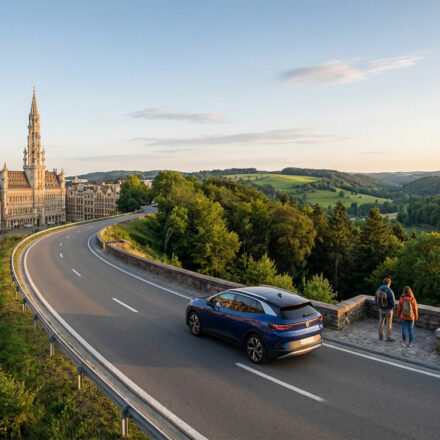 Réussir ton road trip en Belgique : itinéraire et conseils Vue aérienne d'une voiture bleue sur une route sinueuse en Belgique, entre l'architecture de Bruxelles et un couple admirant une vallée forestière.