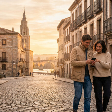 Où partir en destination weekend en Europe cette année ? Un couple souriant consulte un smartphone en marchant sur une rue pavée d'une ville historique européenne au coucher du soleil.
