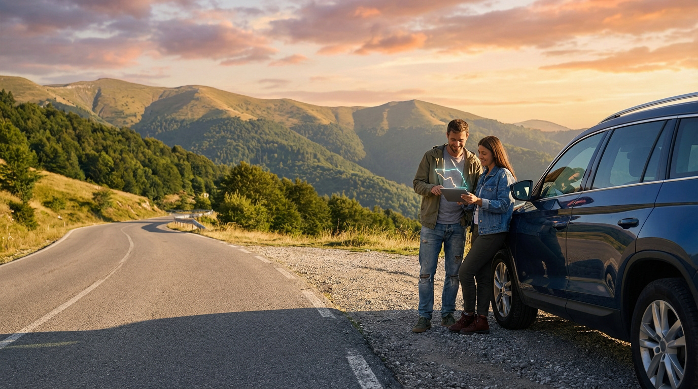 Couple planifiant un road trip sur tablette, près d'un SUV bleu, sur une route de montagne sinueuse au lever/coucher du soleil.