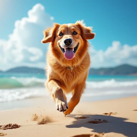 Découvrez des instants de joie et de complicité entre un chien et sa famille lors d'une journée ensoleillée sur la plage.