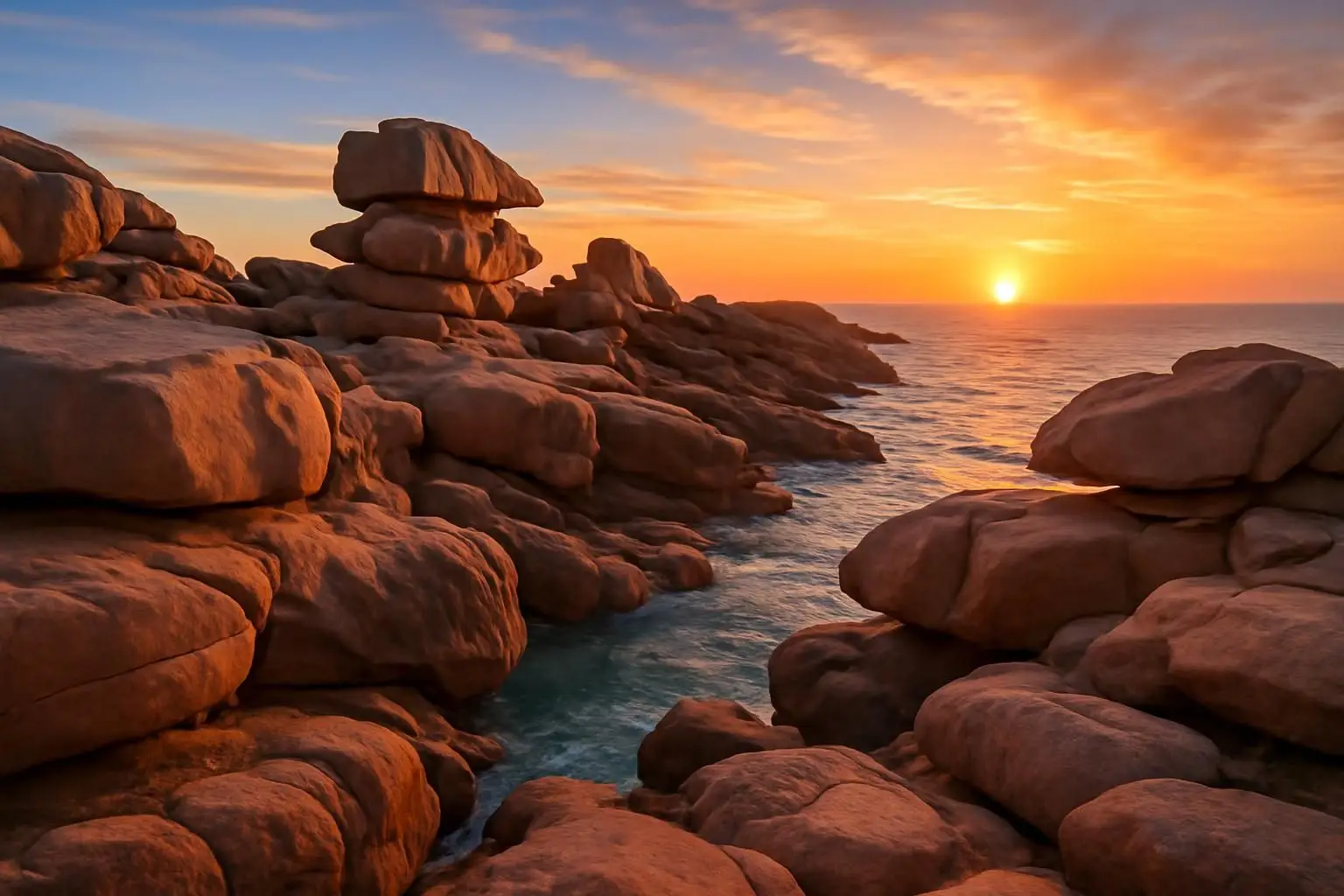 Explorez la splendeur naturelle de la Côte de Granit Rose en Bretagne, un paysage unique mêlant falaises sculptées et plages de sable fin, idéal pour des balades inoubliables et des panoramas à couper le souffle.