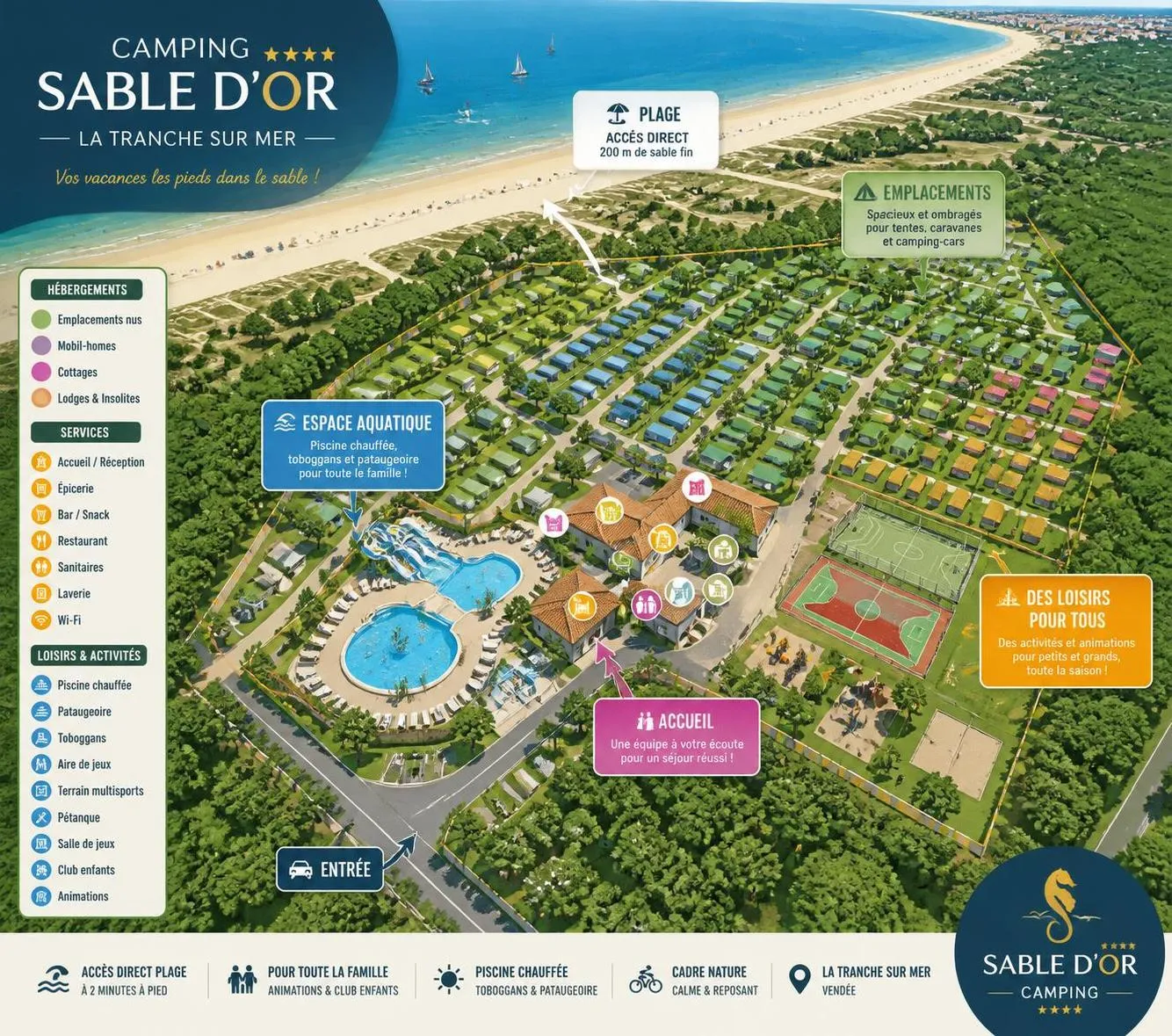 découvrez le camping le sable d'or à la tranche-sur-mer, idéal pour des vacances en bord de mer alliant détente, nature et activités familiales.