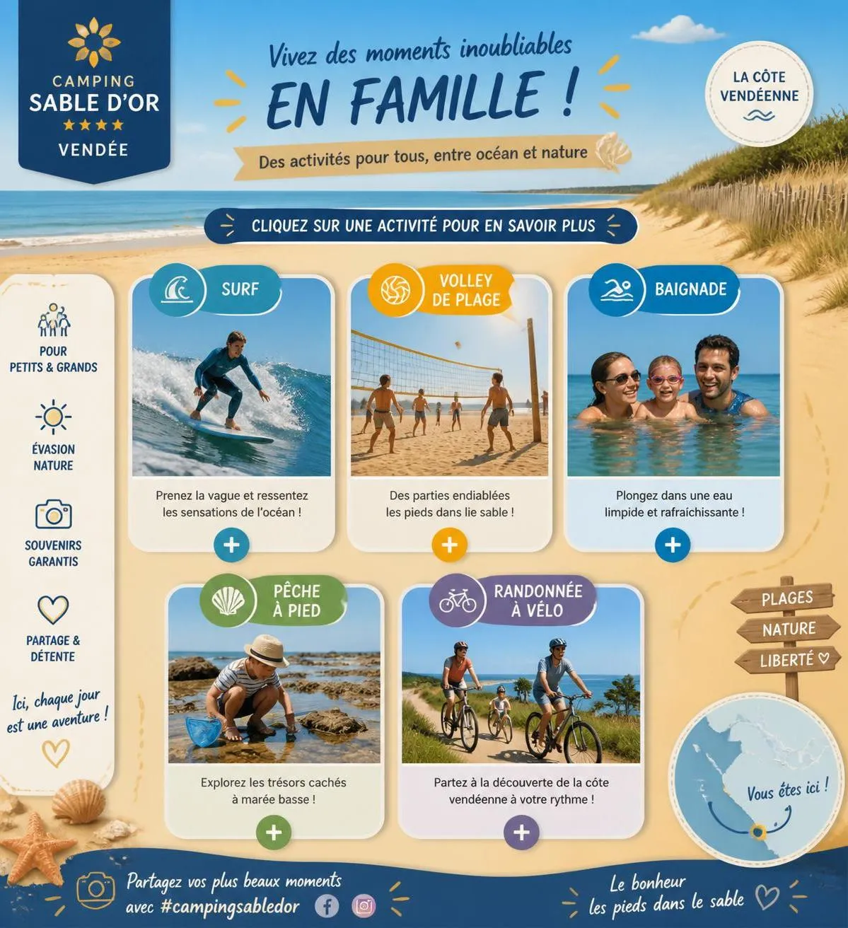 découvrez le camping le sable d'or à la tranche-sur-mer, un lieu idéal pour des vacances inoubliables en bord de mer, entre détente, nature et activités familiales.