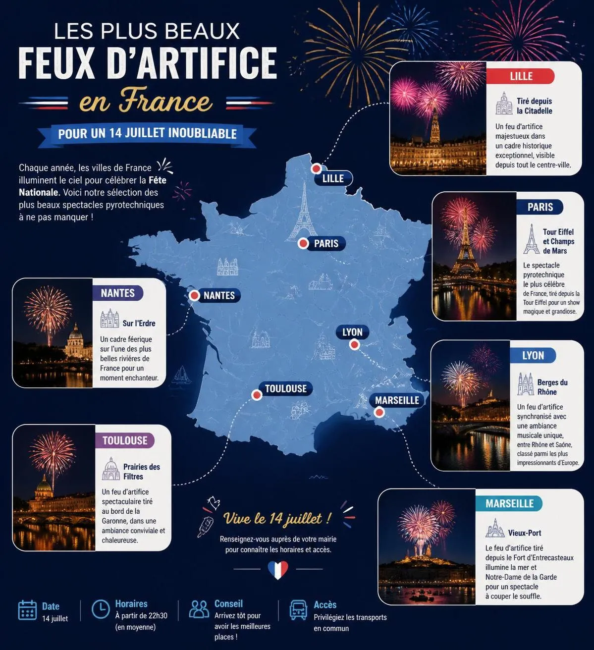 découvrez les plus beaux feux d'artifice du 14 juillet 2026 à travers la france, pour célébrer la fête nationale en éclats de couleurs et d'émotions.