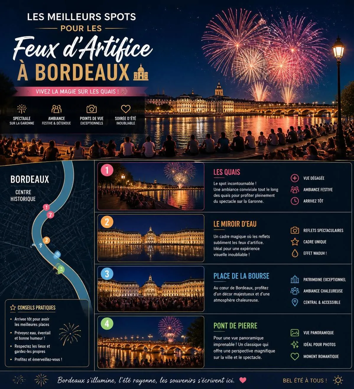 découvrez le programme complet et le lieu du spectacle des feux d'artifice à bordeaux en 2026. ne manquez pas cet événement spectaculaire et festif dans la ville !