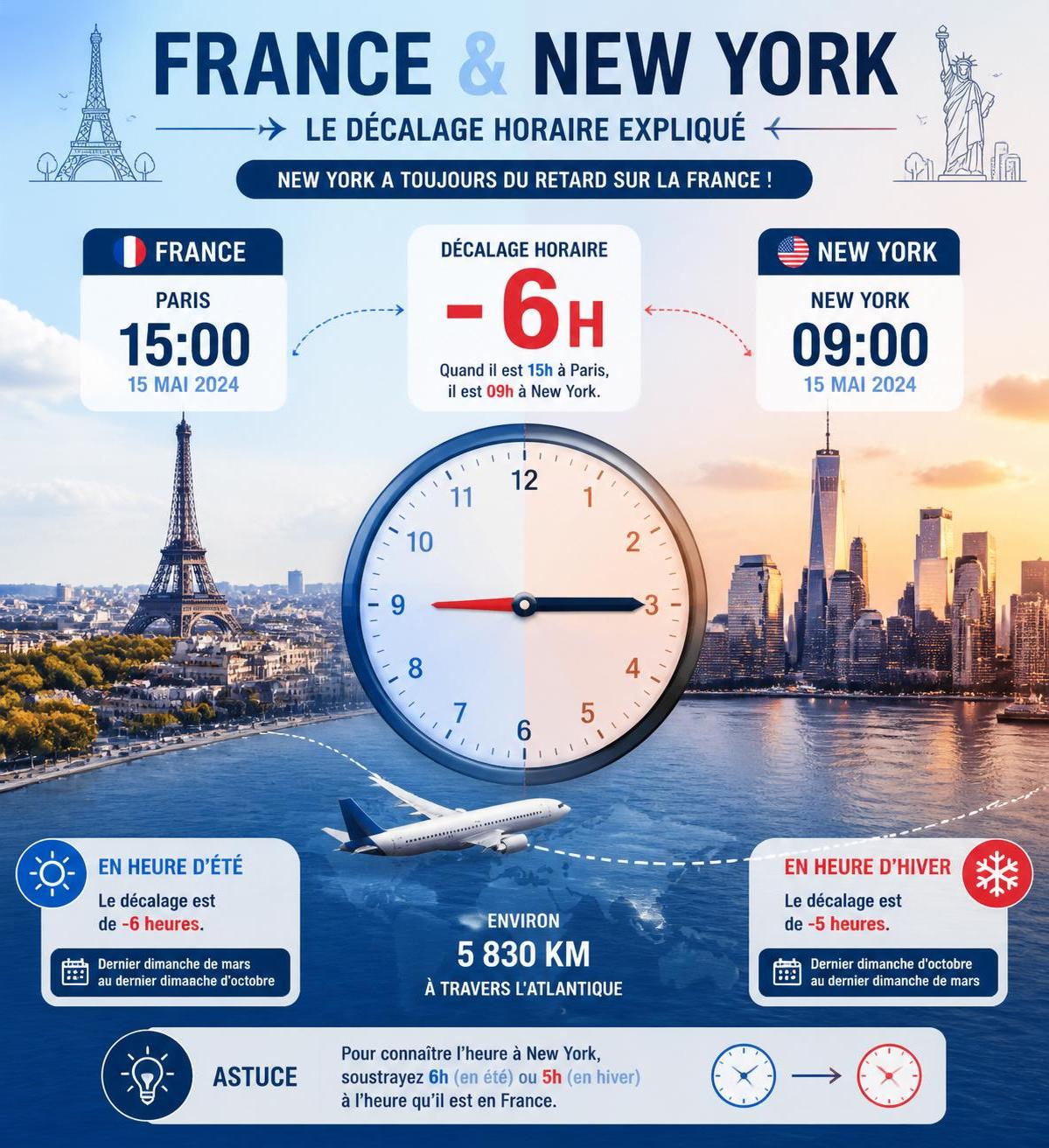 découvrez l'heure actuelle à new york et le décalage horaire avec la france pour mieux planifier vos appels, voyages et communications.