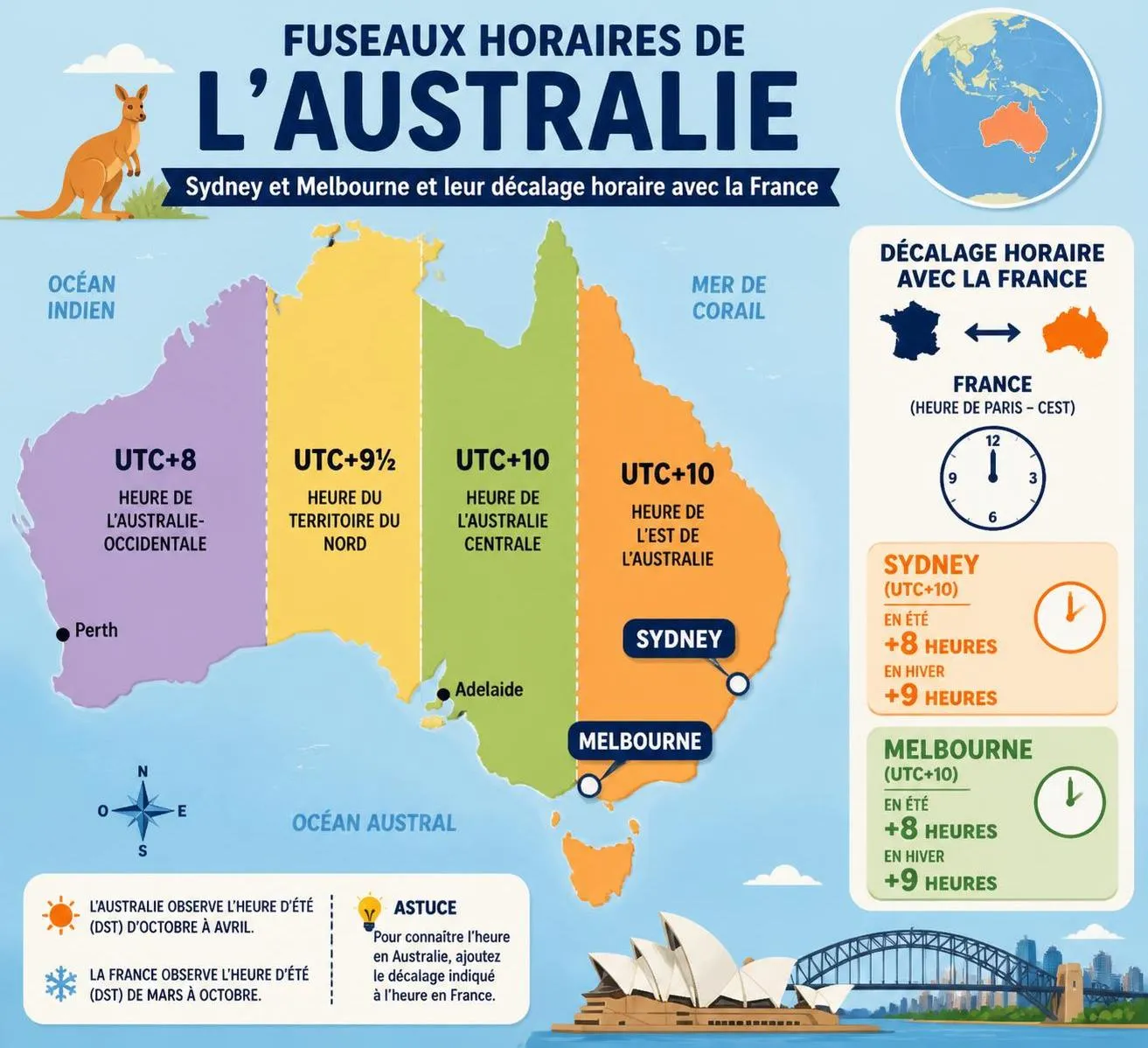 découvrez l'heure actuelle en australie et le décalage horaire entre la france, sydney et melbourne pour mieux planifier vos communications et voyages.