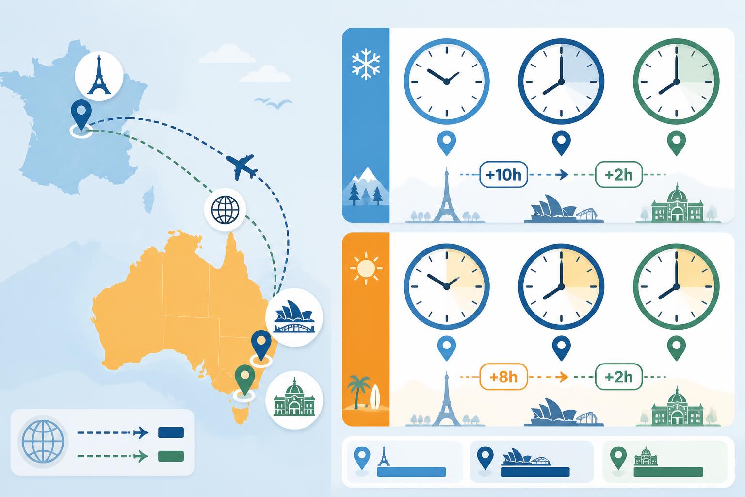 découvrez l'heure actuelle en australie et les décalages horaires entre la france, sydney et melbourne pour mieux planifier vos communications et voyages.