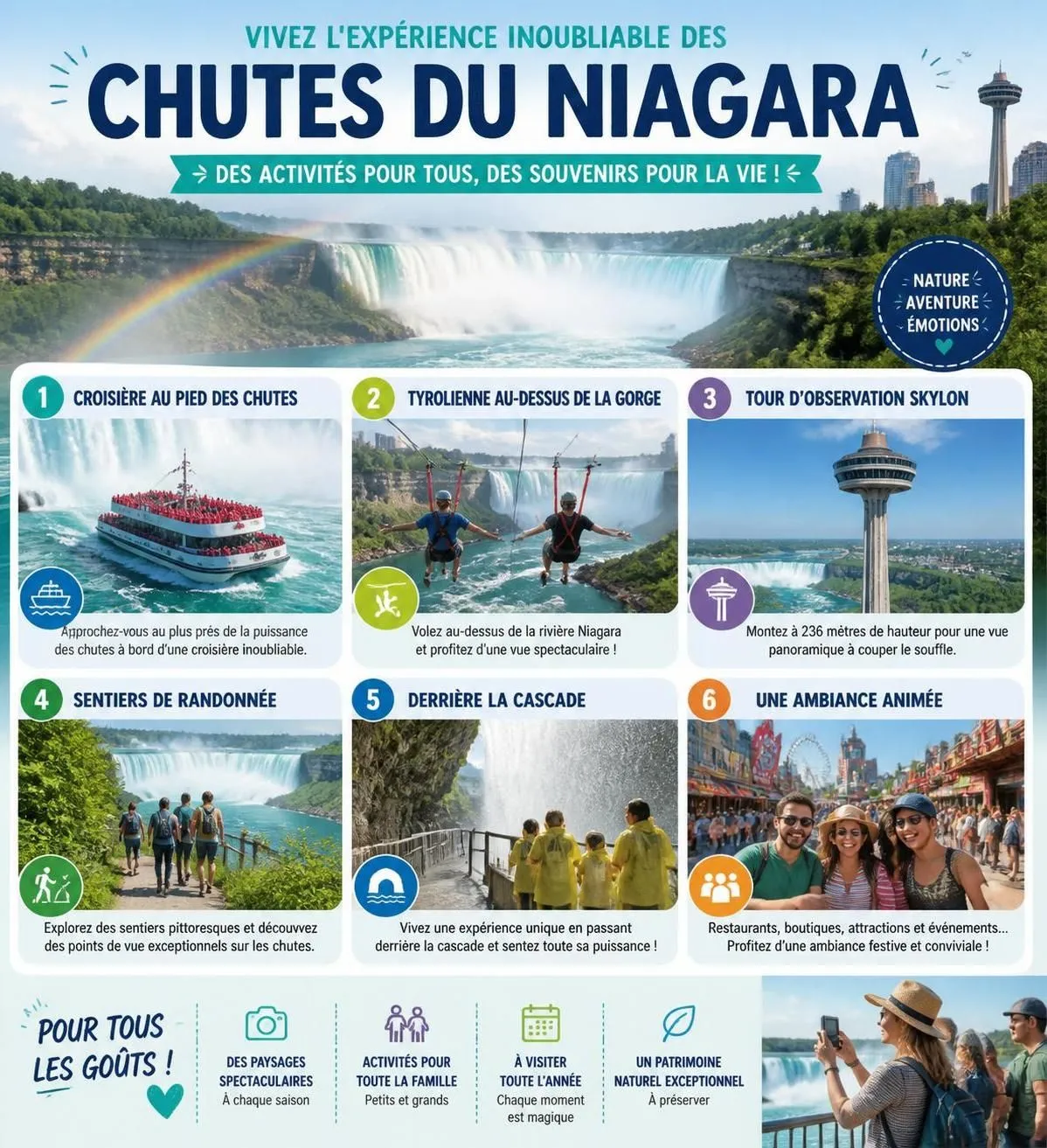 découvrez notre guide complet des chutes du niagara, avec des conseils pour visiter les côtés canadien et américain, les meilleures activités, et les points de vue incontournables.