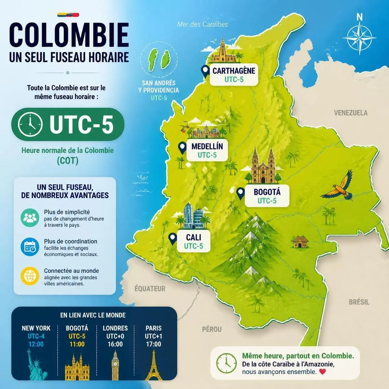 découvrez l'heure actuelle en colombie, le décalage horaire avec la france et le fuseau horaire local pour organiser vos communications et voyages en toute simplicité.