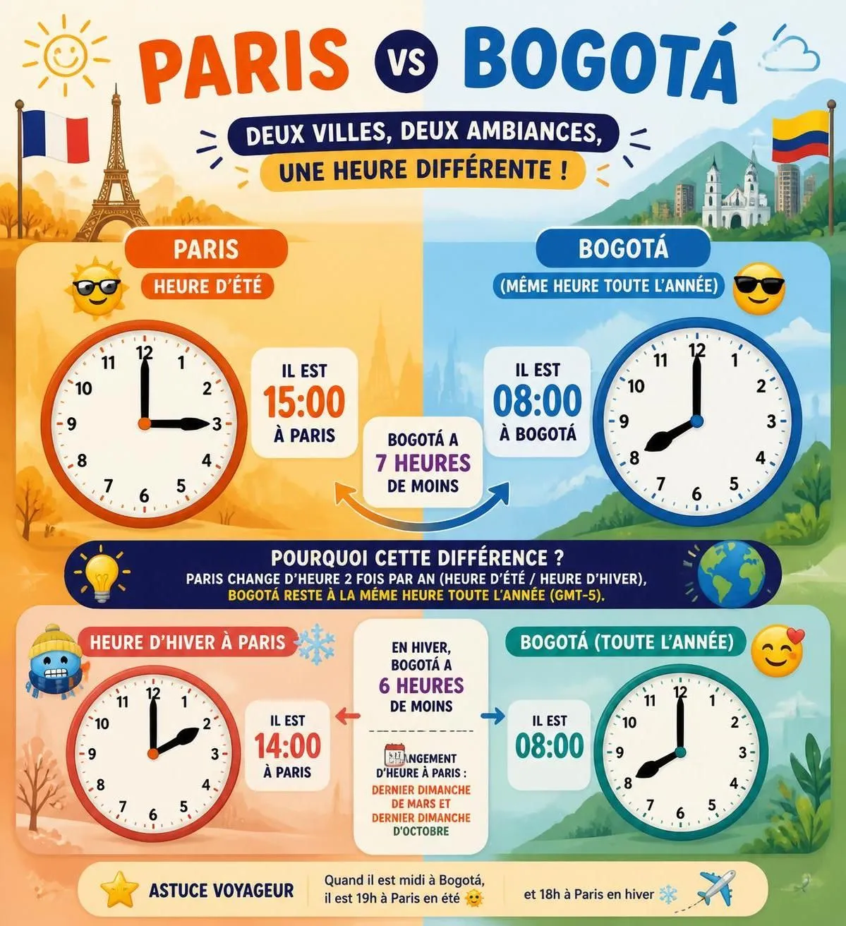 découvrez l'heure actuelle en colombie, le décalage horaire avec la france, et le fuseau horaire local pour planifier vos voyages et communications en toute simplicité.