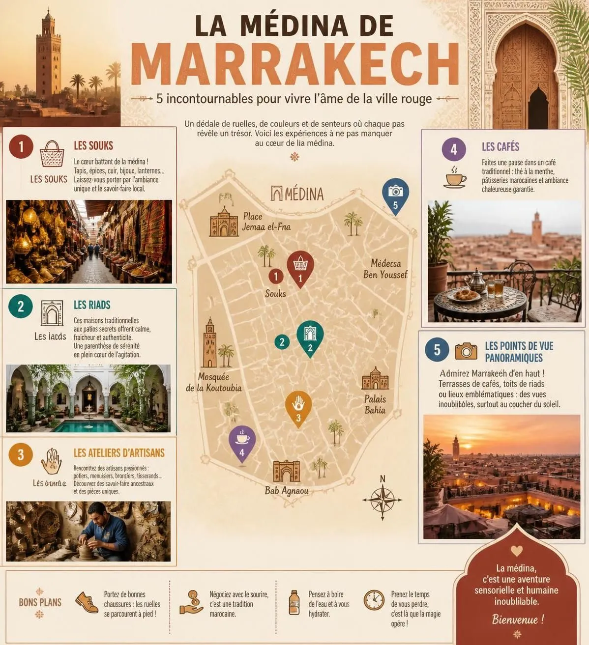 découvrez marrakech, la ville rouge, avec notre guide complet des souks de la médina et des incontournables à ne pas manquer pour une expérience unique.