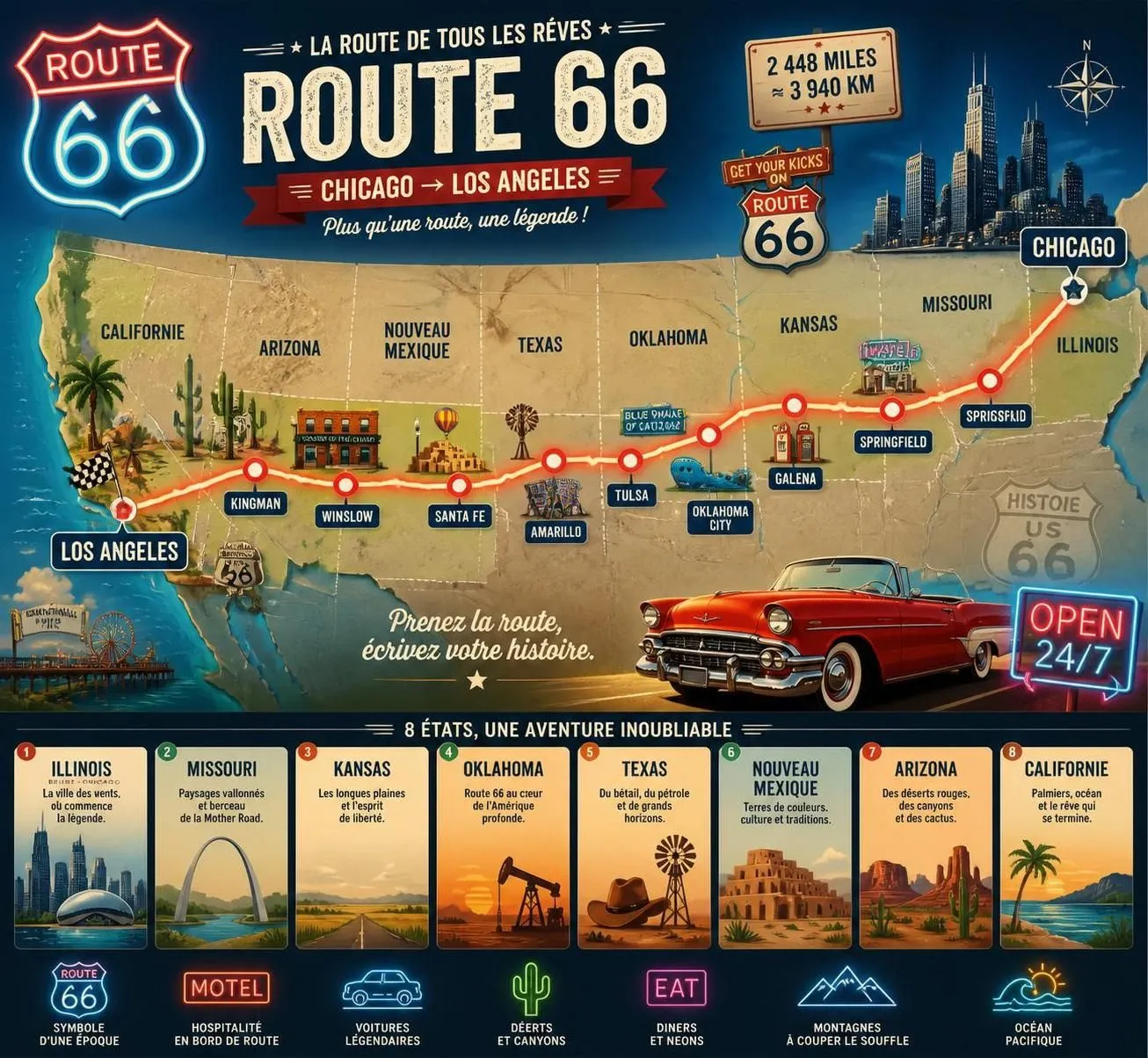 découvrez le guide complet pour un road trip inoubliable sur la route 66, de chicago à los angeles, avec conseils, étapes incontournables et astuces de voyage.