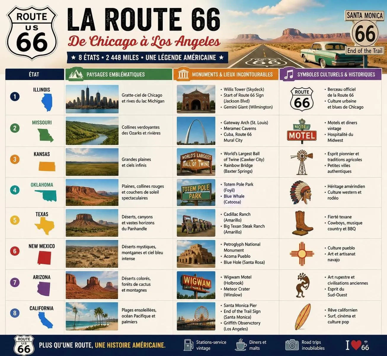 découvrez notre guide complet pour un road trip inoubliable sur la route 66, de chicago à los angeles, avec les meilleures étapes, conseils pratiques et attractions incontournables.