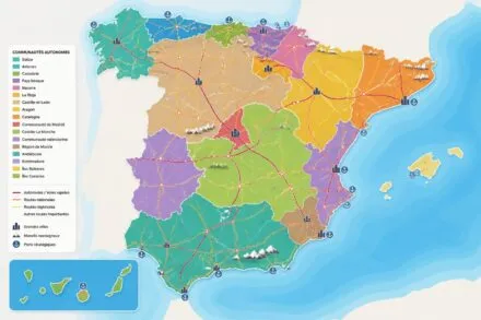 découvrez la carte détaillée de l'espagne avec ses communautés autonomes, ses côtes magnifiques et les routes principales à connaître pour bien organiser votre voyage.