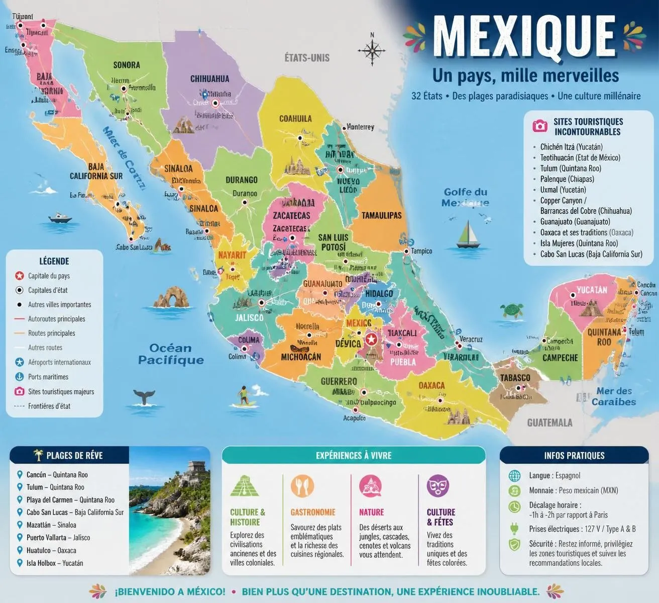 découvrez une carte détaillée du mexique avec ses états, les villes clés et les principales routes pour planifier facilement votre voyage.