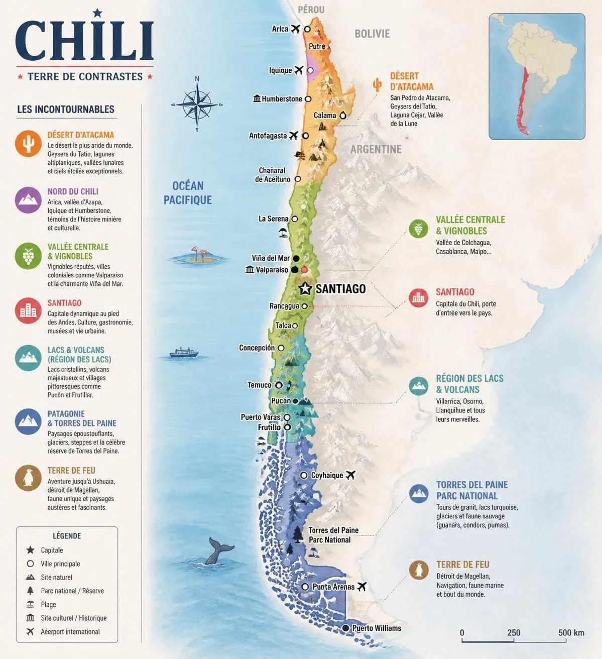 découvrez le chili avec notre guide complet : explorez le désert d'atacama, les paysages époustouflants des torres del paine et la vibrante ville de santiago.