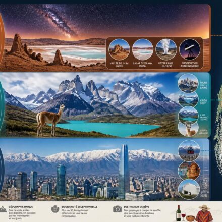 découvrez le chili à travers notre guide complet : explorez le désert d'atacama, les majestueuses torres del paine et la vibrante ville de santiago. préparez votre voyage idéal avec conseils et astuces.