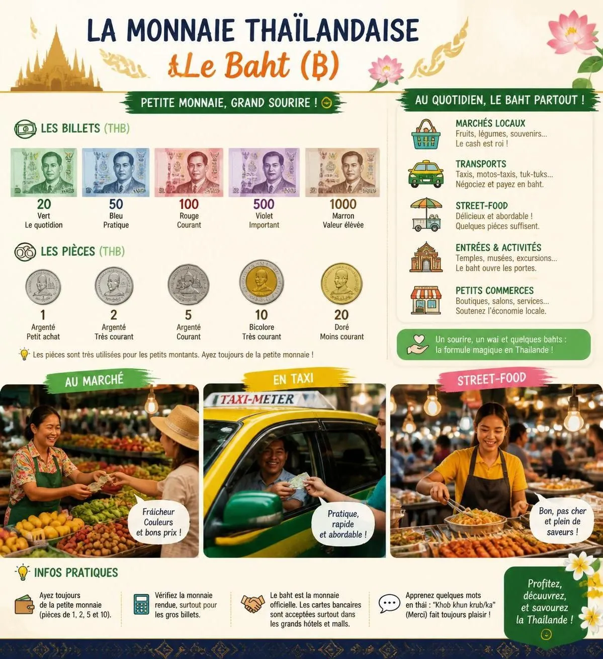 découvrez tout ce qu'il faut savoir sur la monnaie en thaïlande, le baht, pour préparer au mieux votre voyage : taux de change, conseils de change et astuces pratiques.