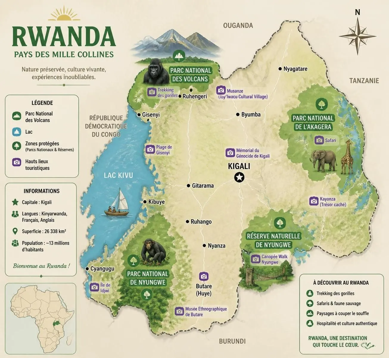découvrez le rwanda, terre des gorilles des montagnes, de ses lacs majestueux et symbole vibrant de la renaissance africaine.