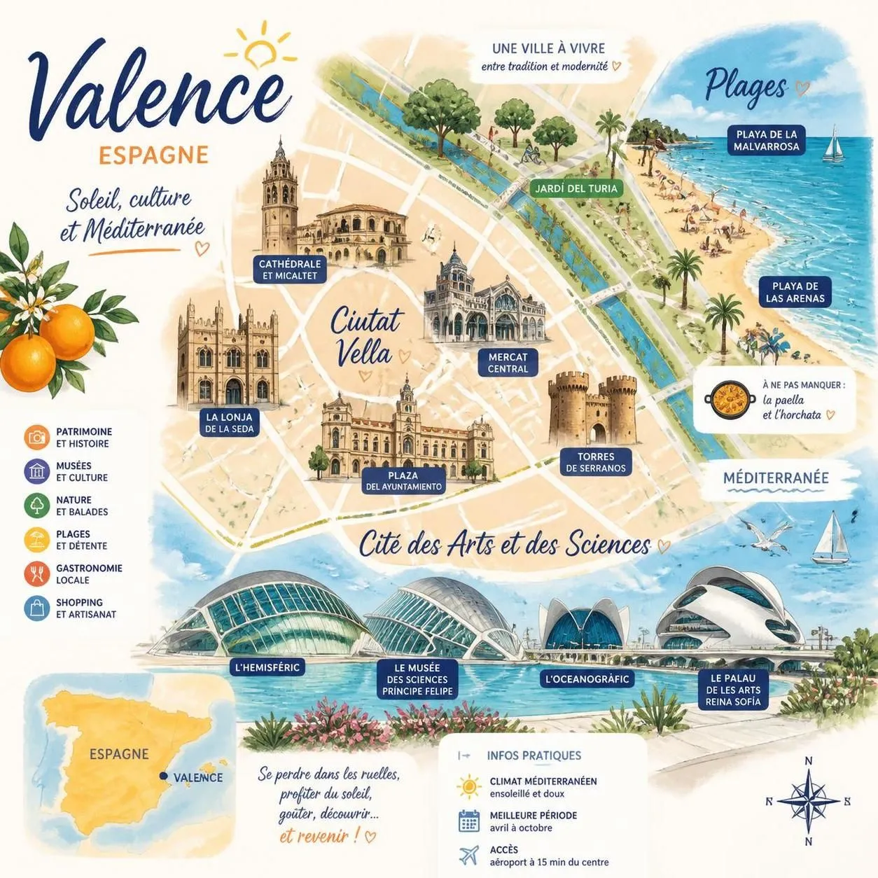 découvrez valence, espagne : savourez une authentique paella, explorez la cité des arts et des sciences et profitez des magnifiques plages de la malvarrosa pour des vacances inoubliables.
