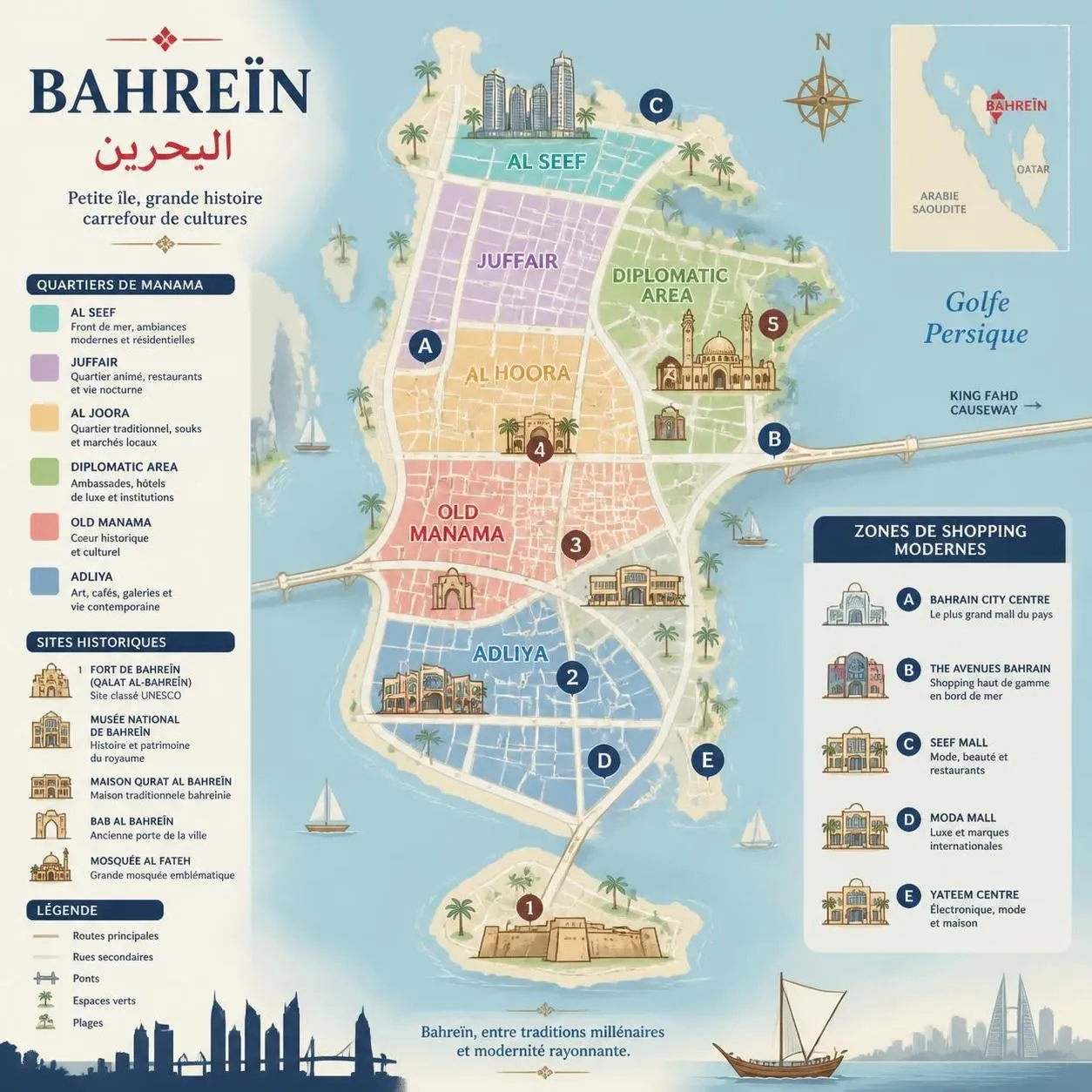découvrez manama, la capitale de bahreïn, où traditions du golfe et modernité se mêlent au sein d'une monarchie fascinante, riche en surprises et en histoire méconnue.