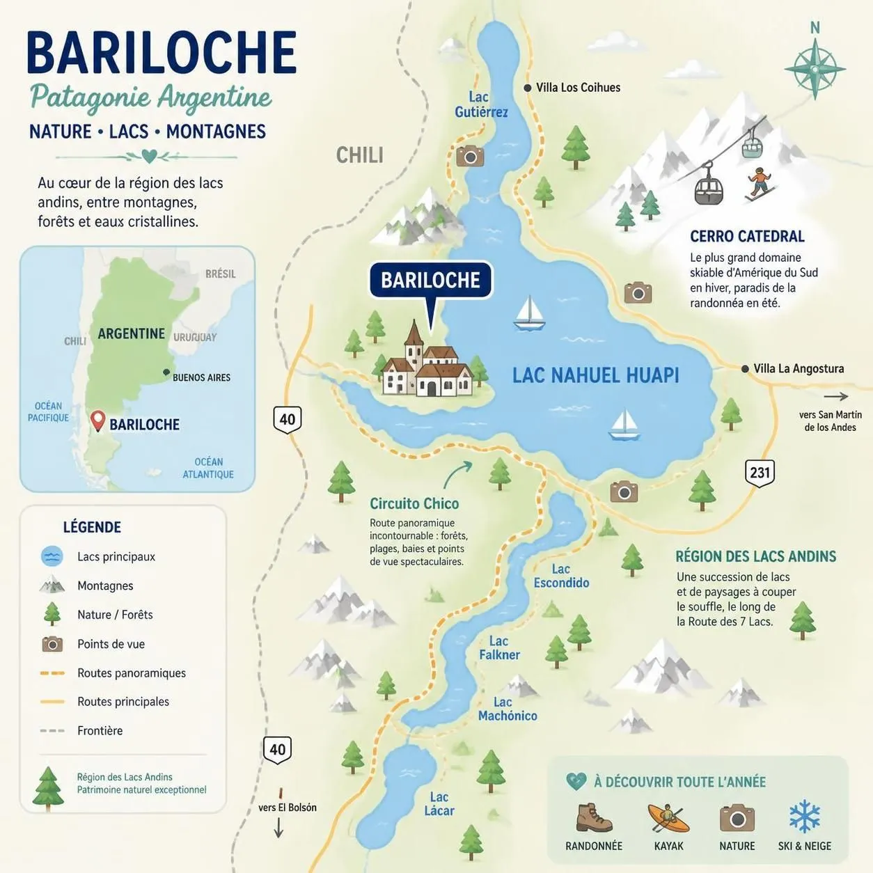 découvrez bariloche, joyau de la patagonie argentine, célèbre pour ses lacs andins spectaculaires, son chocolat artisanal savoureux et ses magnifiques sentiers de randonnée.