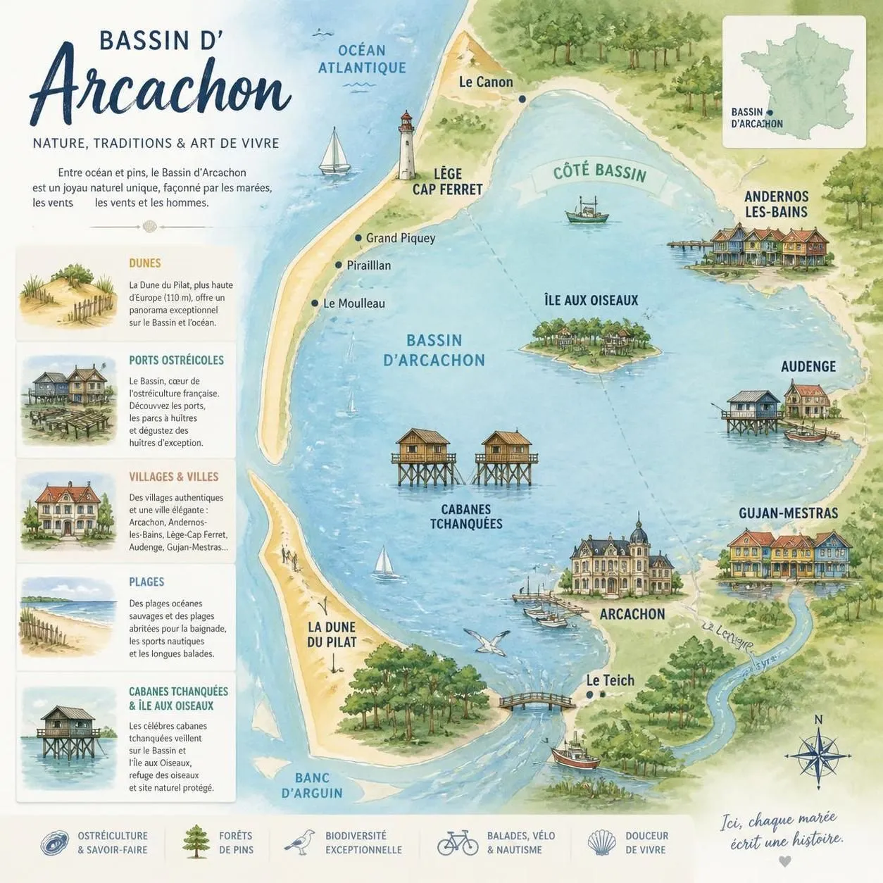 découvrez le bassin d'arcachon, ses huîtres renommées, les célèbres cabanes tchanquées et un littoral atlantique spectaculaire pour un séjour inoubliable en plein cœur de la nature.