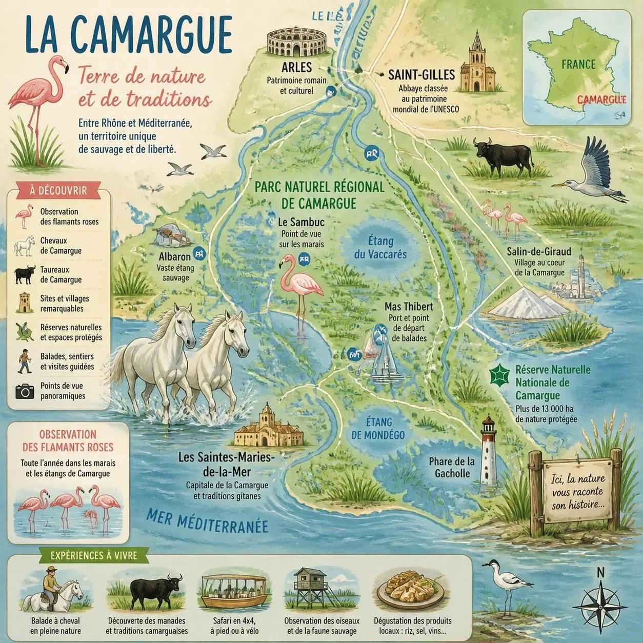 découvrez la camargue, ses flamants roses élégants, ses chevaux blancs emblématiques et les sites incontournables du delta du rhône pour une expérience naturelle unique.