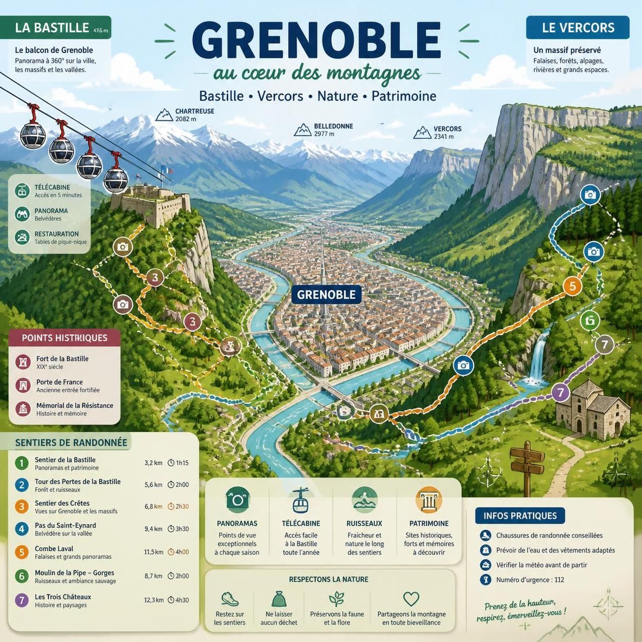 découvrez grenoble, la porte des alpes, avec sa célèbre bastille, les paysages du vercors et des randonnées accessibles à tous depuis la ville alpine.