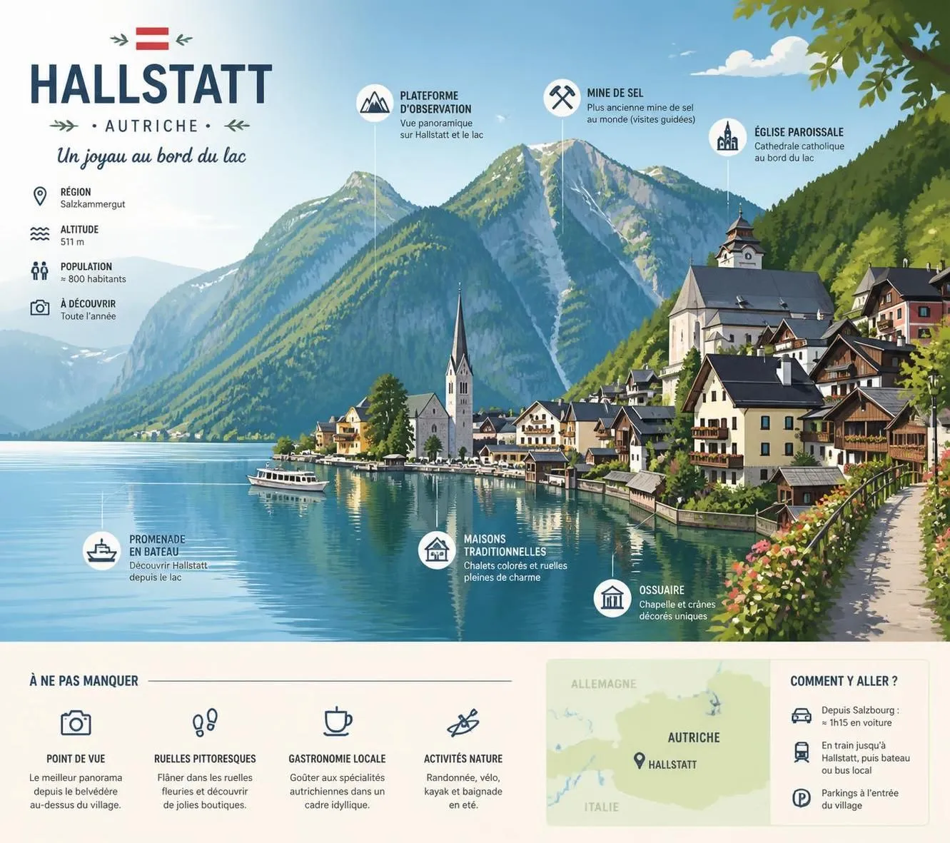 découvrez hallstatt, le charmant village lacustre autrichien qui fait rêver. conseils pour visiter ce joyau pittoresque sans affronter la foule et profiter pleinement de son ambiance unique.