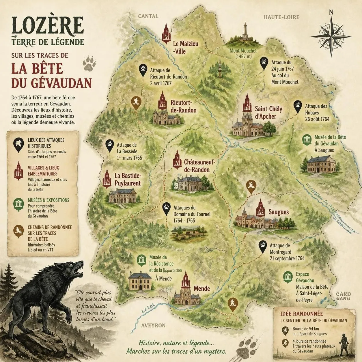 découvrez l'histoire fascinante de la bête du gévaudan, visitez le musée de sainte-lucie et explorez la lozère à la recherche des mystérieuses traces de cette créature légendaire.