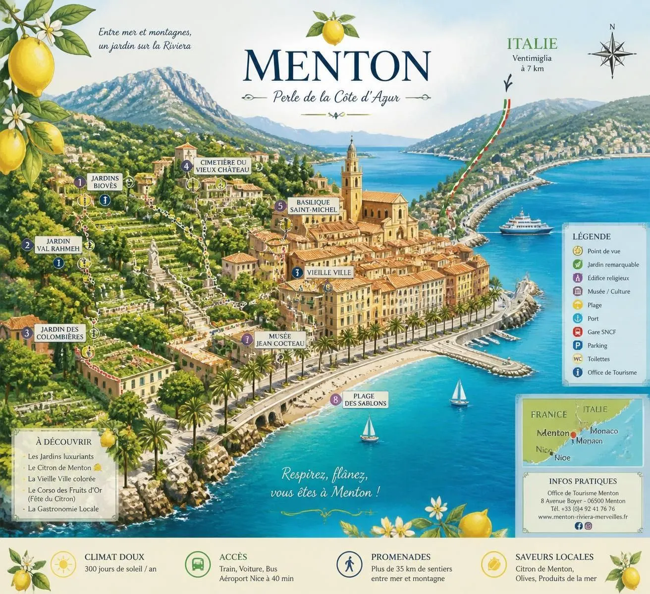 découvrez menton, charmante ville à la frontière franco-italienne, célèbre pour ses citrons, ses magnifiques jardins et son emplacement privilégié sur la riviera.