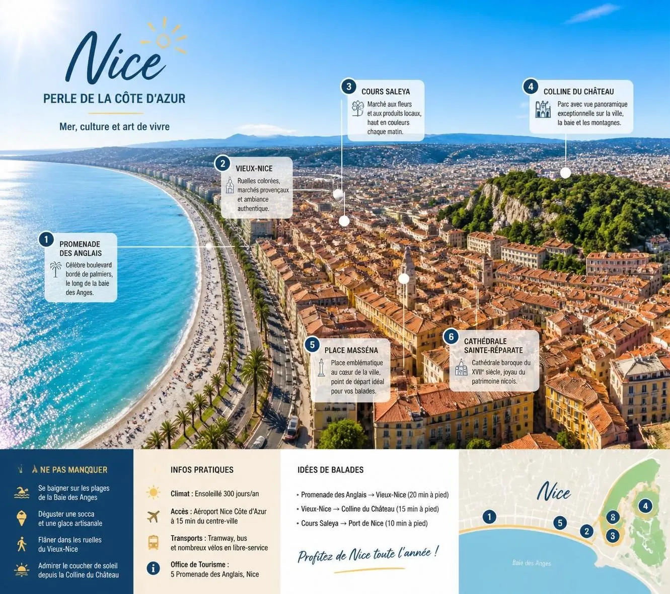 découvrez nice à travers la célèbre promenade des anglais, explorez le charme historique de la vieille ville et montez sur la colline du château pour une vue panoramique inoubliable.