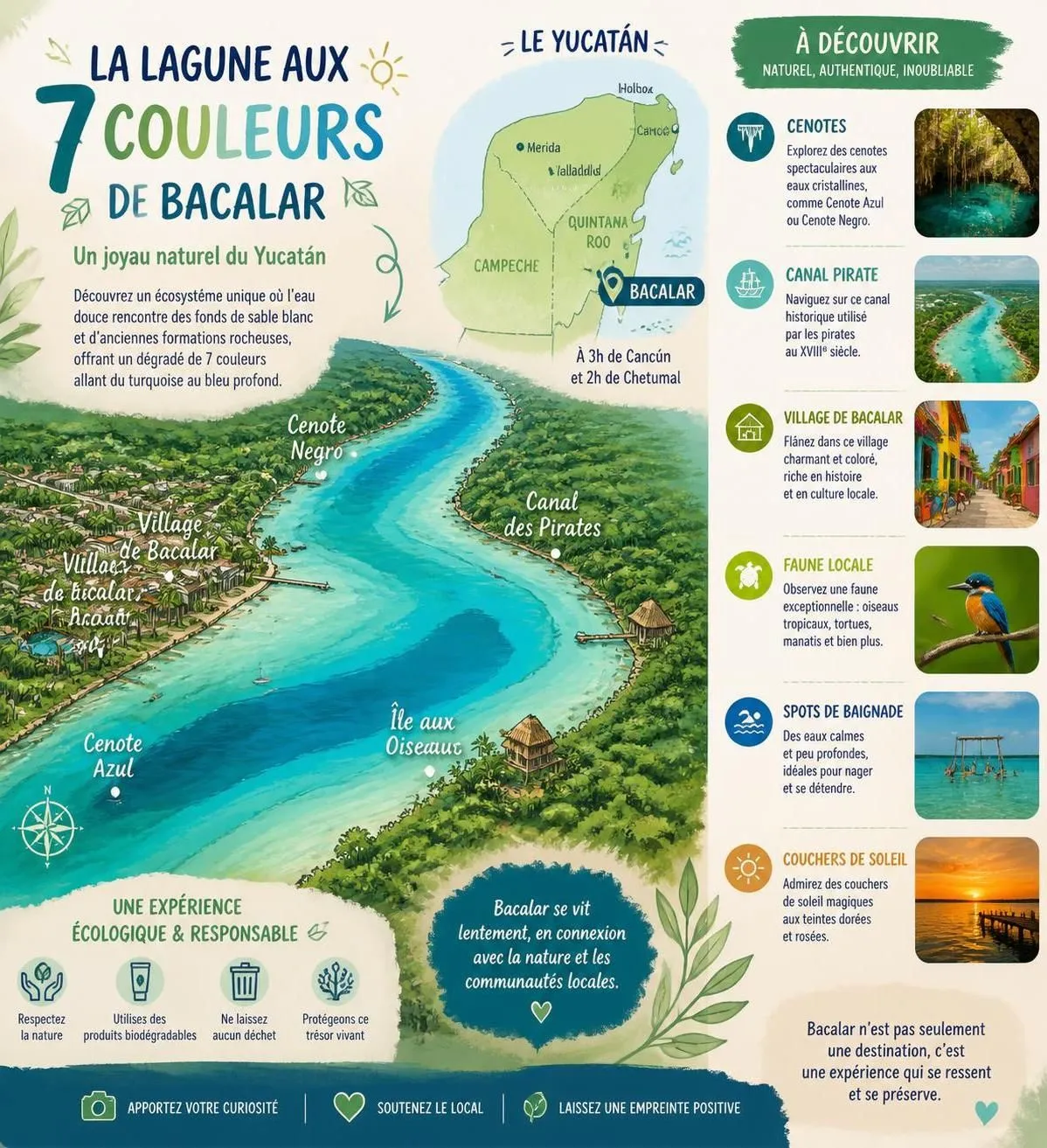 découvrez bacalar, la lagune aux sept couleurs, et explorez les trésors cachés du mexique méconnu entre nature, culture et aventure.