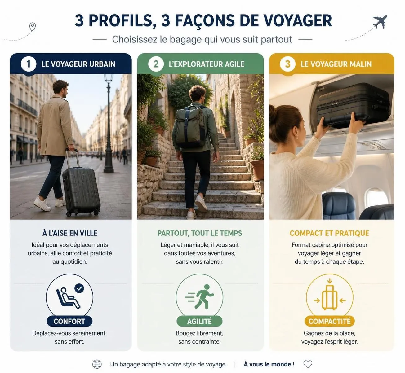 découvrez comment choisir la valise de voyage idéale : roulettes, sac à dos ou cabin bag, selon votre type d'escapade et vos besoins pour voyager léger et pratique.