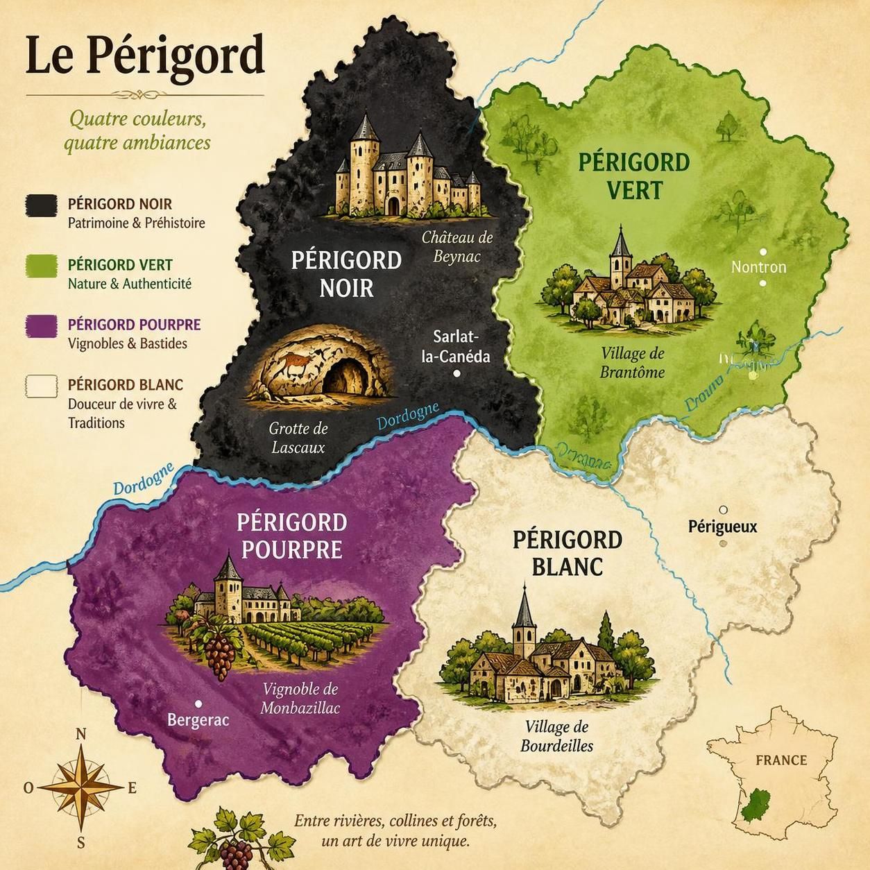 découvrez la dordogne avec notre carte détaillée de la vallée et du périgord noir. itinéraire complet pour explorer les châteaux incontournables et les grottes impressionnantes.