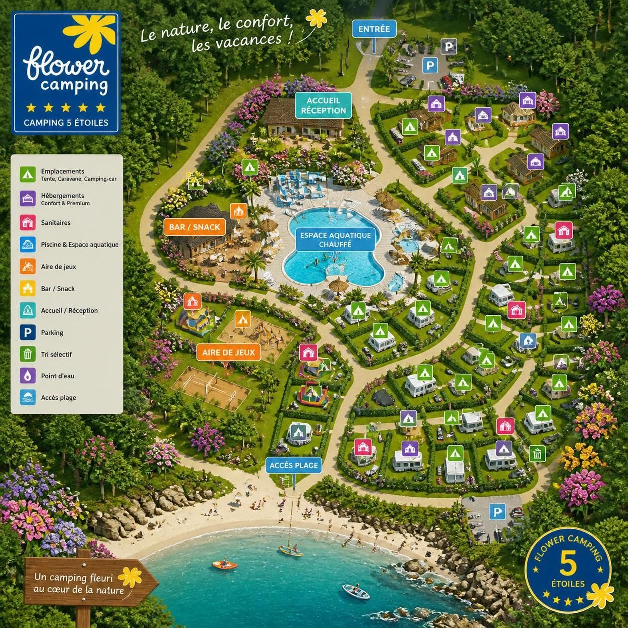 découvrez flower camping, les campings fleuris 4 et 5 étoiles en france, pour des vacances nature inoubliables alliant confort, détente et environnement préservé.