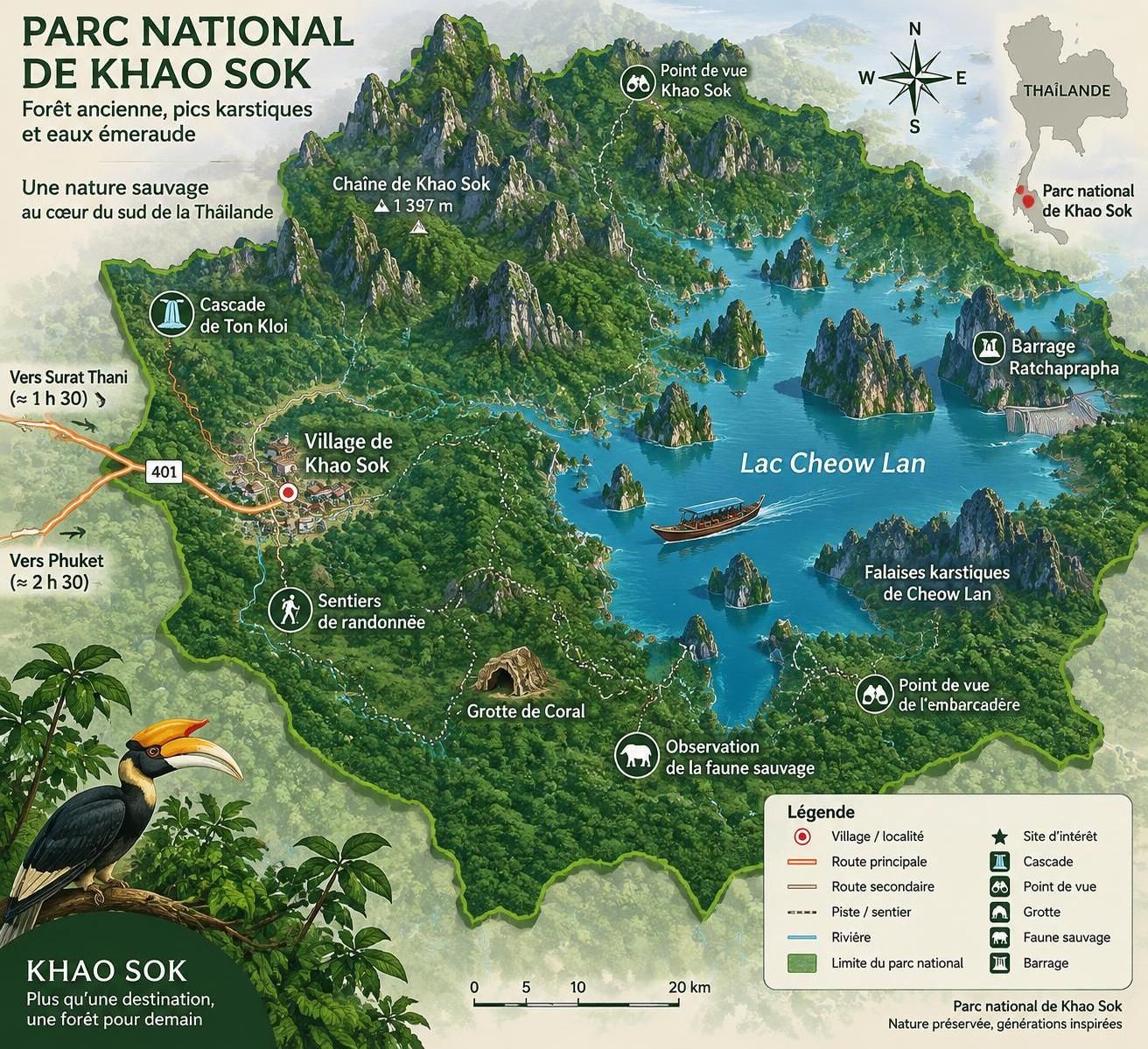 explorez les lacs secrets de khao sok, dormez dans un bungalow flottant et découvrez une forêt primaire préservée, loin des itinéraires touristiques.