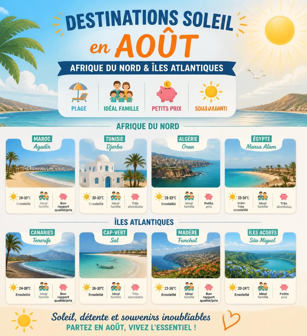 découvrez 12 destinations ensoleillées idéales pour partir en août, profiter de vacances d'été tranquilles et éviter les foules ainsi que les prix excessifs.
